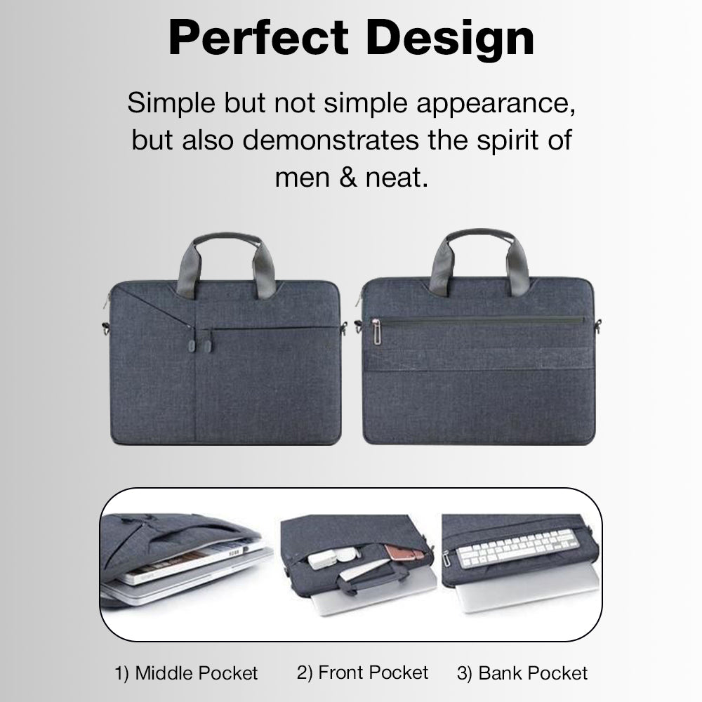 Two gray laptop bags with text about their design and features on a light gray background.