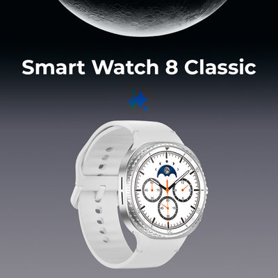 White smartwatch with detailed face on a dark background, labeled 'Smart Watch 8 Classic'.