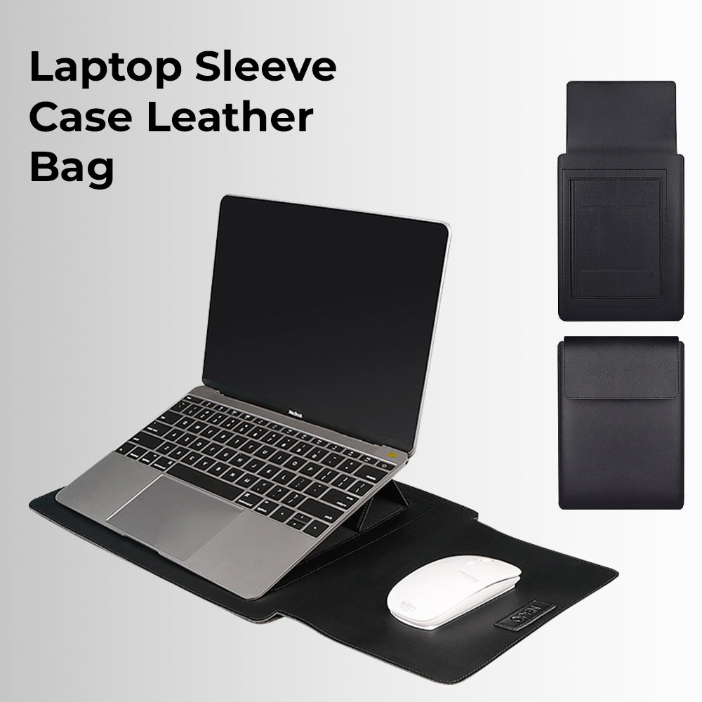 Glassology 3-in-1 Laptop Sleeve Case Black Waterproof PU Leather with Foldable Stand & Wrist Rest