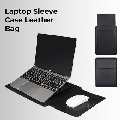 3-in-1 Laptop Sleeve Case Black Waterproof PU Leather with Foldable Stand & Wrist Rest