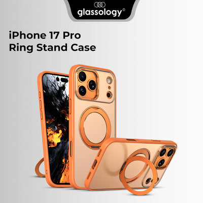 Glassology iPhone 17 Pro Ring Stand Case with clear design on a gray background