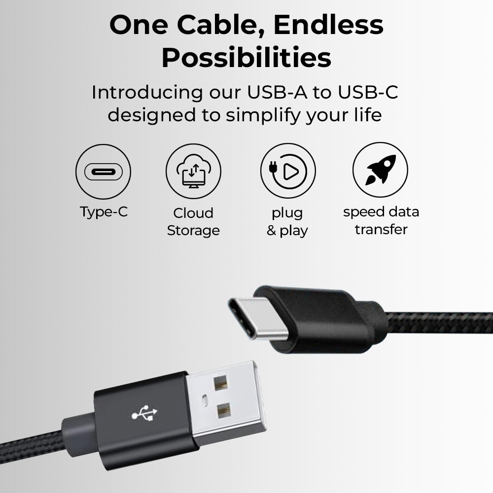 USB A to C cable 1.2 Meter 3A high current fast charging Pure Copper PVC & nylon braid 480Mbps transfer speed (Black)
