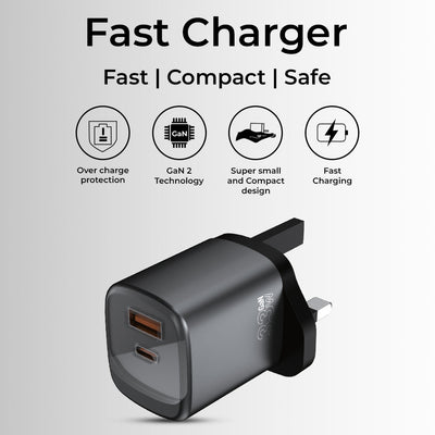 Fast charger with features listed on a light gray background