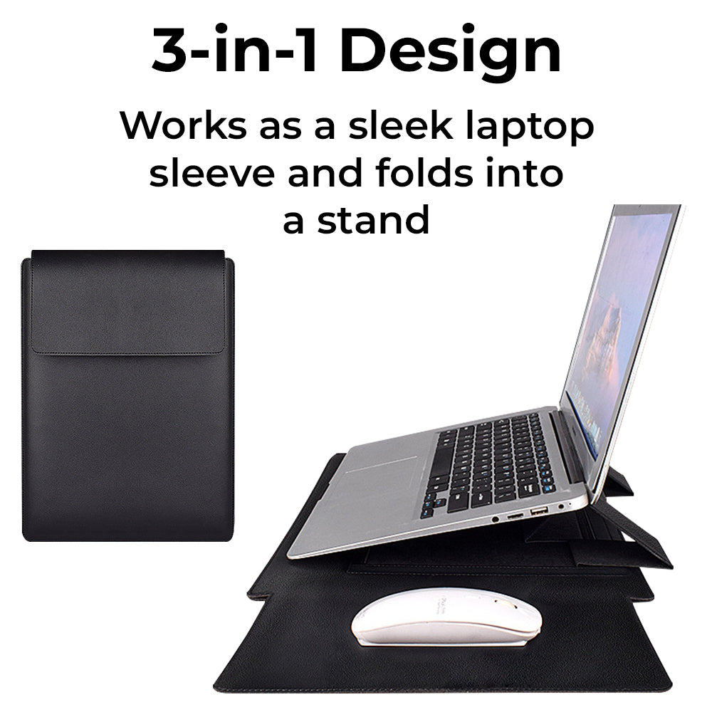 Glassology 3-in-1 Laptop Sleeve Case Black Waterproof PU Leather with Foldable Stand & Wrist Rest