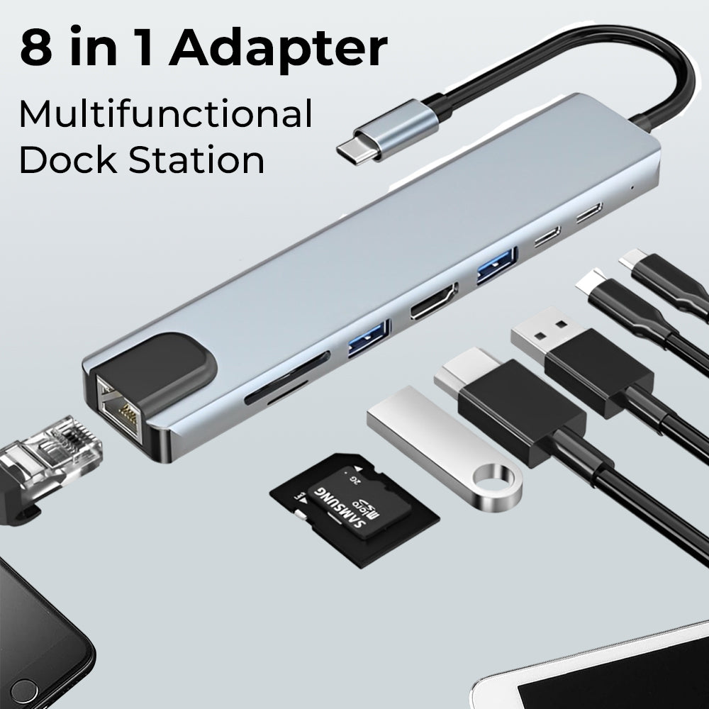 GH8G 8-in-1 USB-C Hub – 4K HDMI, Dual Type-C, Ethernet & SD/TF UAE