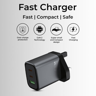 Fast charger with features listed on a light gray background