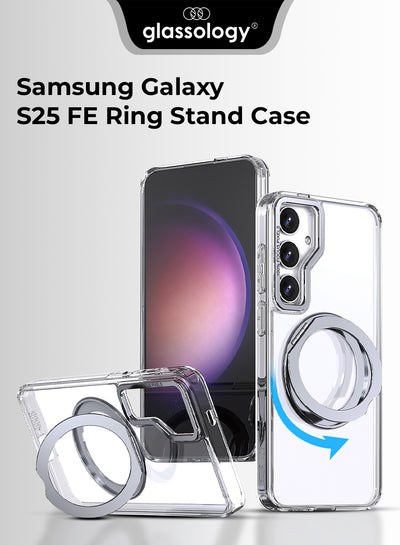 جراب مغناطيسي بحامل حلقي دوار 360 درجة لهاتف Samsung Galaxy S25 FE - حامل شفاف مقاوم للصدمات ومتوافق مع حامل مغناطيسي