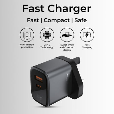 Fast charger with features listed on a light gray background