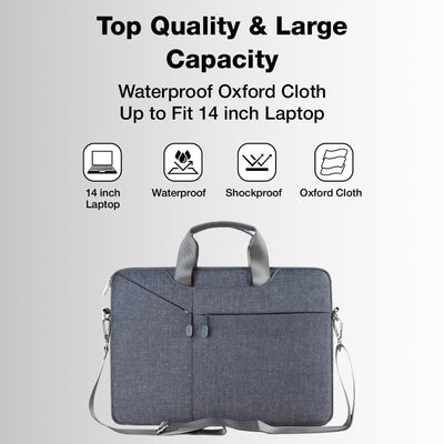 Gray laptop bag with features listed on a white background
