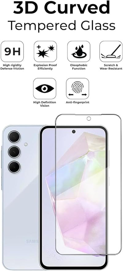 3D curved tempered glass screen protector for a smartphone with features listed.