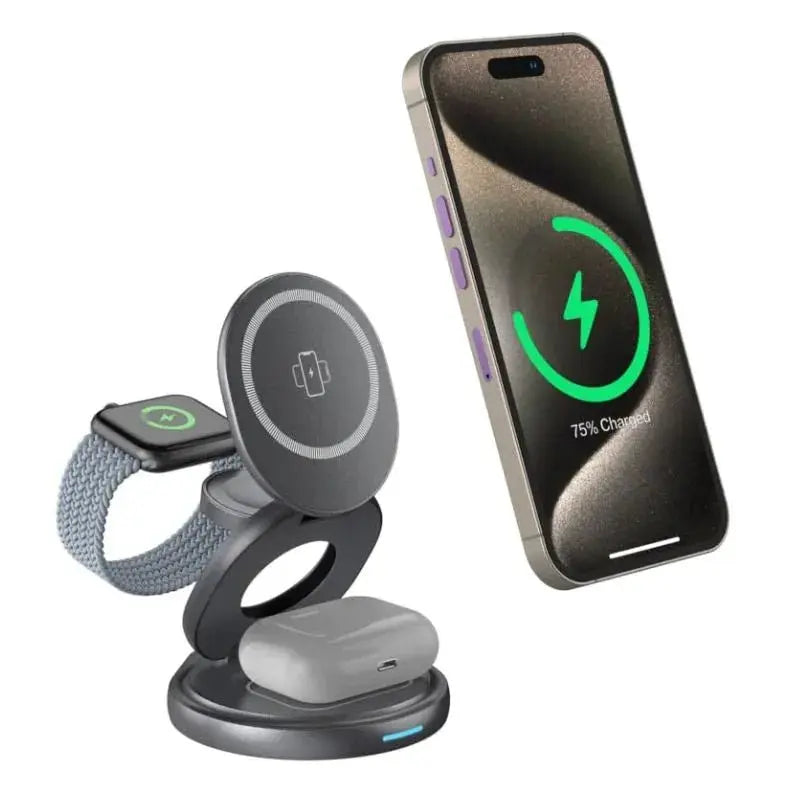 Wireless charging station with smartphone, smartwatch, and earbuds on a white background