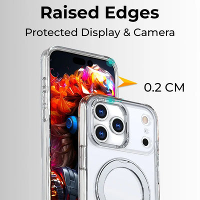 Phone case with raised edges protecting display and camera, showing 0.2 CM distance.