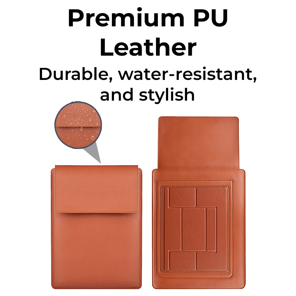 Glassology 3-in-1 Laptop Sleeve Case Brown Waterproof PU Leather with Foldable Stand & Wrist Rest