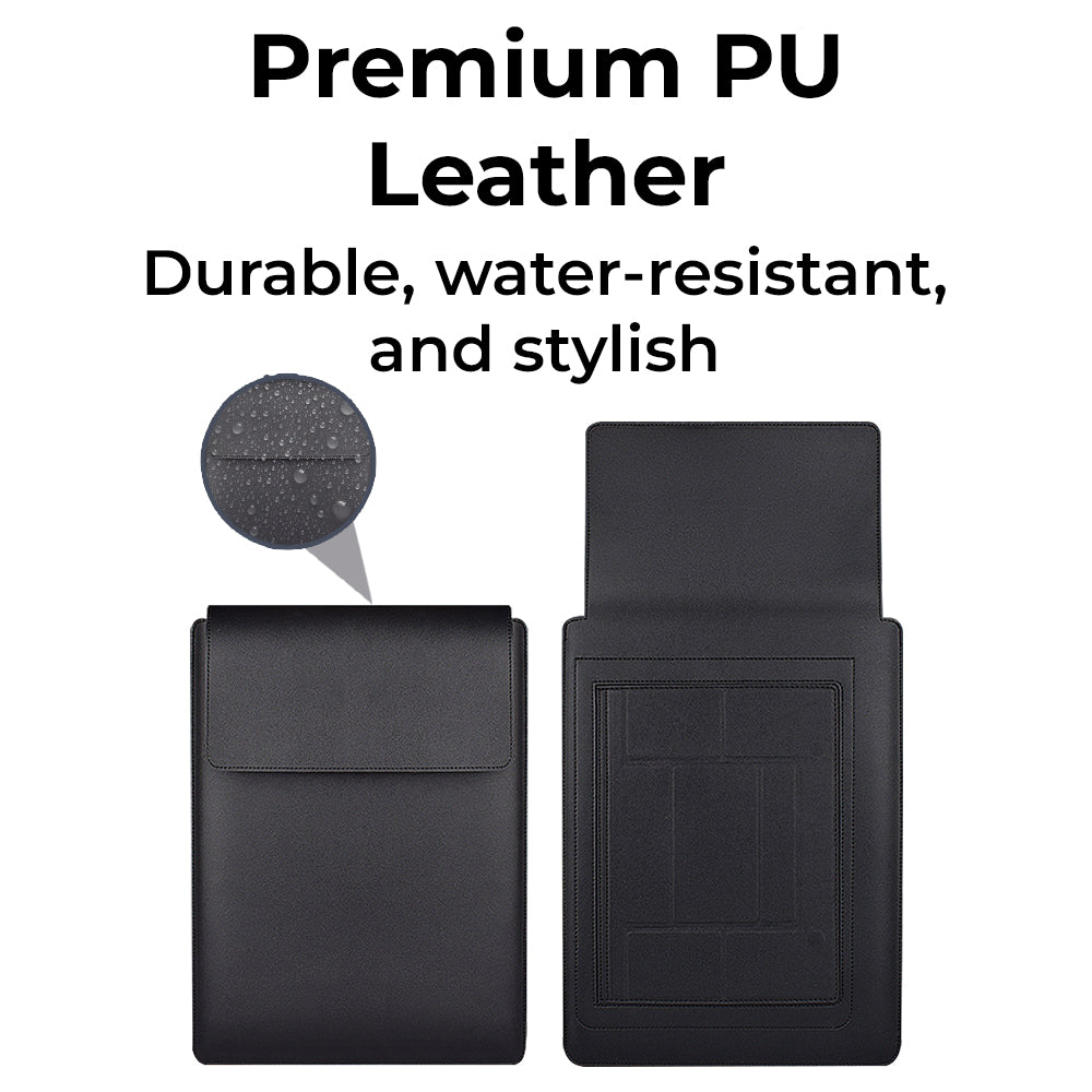 Glassology 3-in-1 Laptop Sleeve Case Black Waterproof PU Leather with Foldable Stand & Wrist Rest