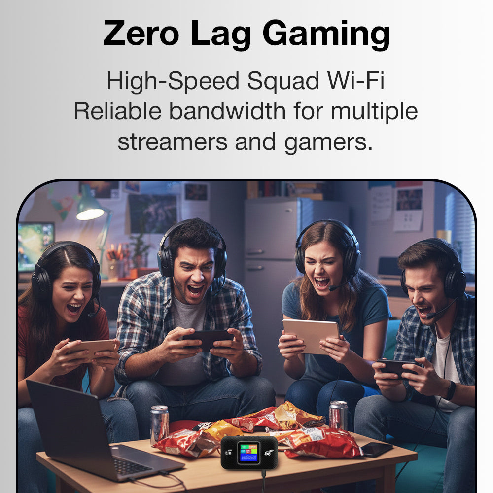 Group of people playing games together with text about Zero Lag Gaming and high-speed squad Wi-Fi.