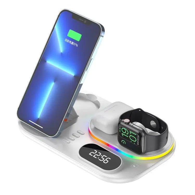 4-in-1 Wireless Magnetic Charging Stand with Clock - White - GLASSOLOGY
