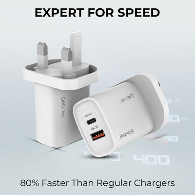 White USB charger with multiple ports on a light gray background