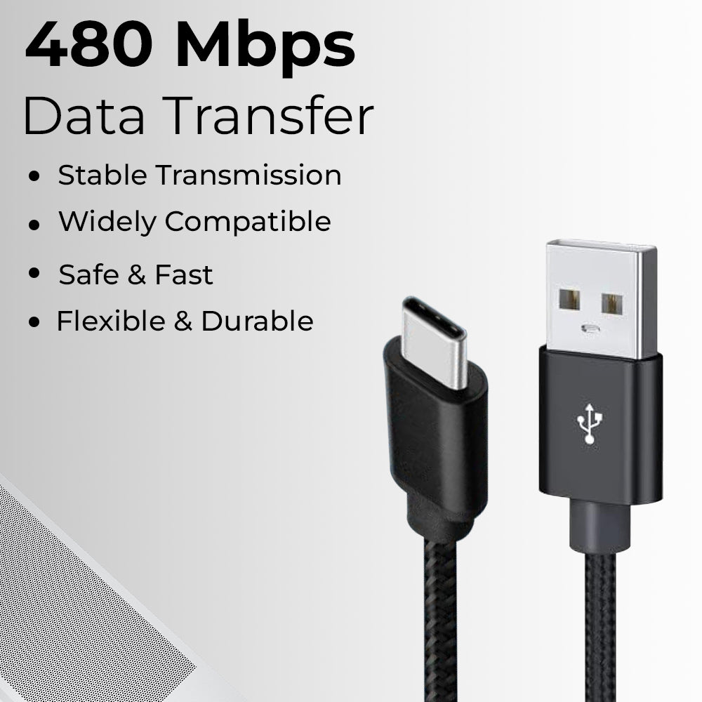 USB A to C cable 1.2 Meter 3A high current fast charging Pure Copper PVC & nylon braid 480Mbps transfer speed (Black)
