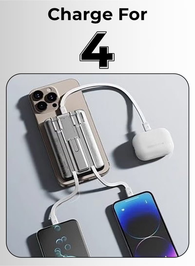 Multi-device charging station with phone, airpods, and two phones on a gray background.