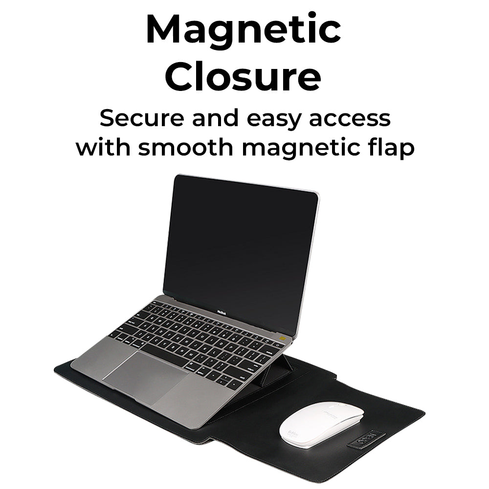 Glassology 3-in-1 Laptop Sleeve Case Black Waterproof PU Leather with Foldable Stand & Wrist Rest