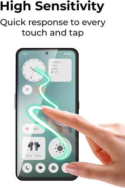 Smartphone with touchscreen interface and hand interacting with it, emphasizing high sensitivity.