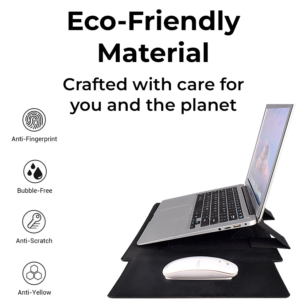 Glassology 3-in-1 Laptop Sleeve Case Black Waterproof PU Leather with Foldable Stand & Wrist Rest