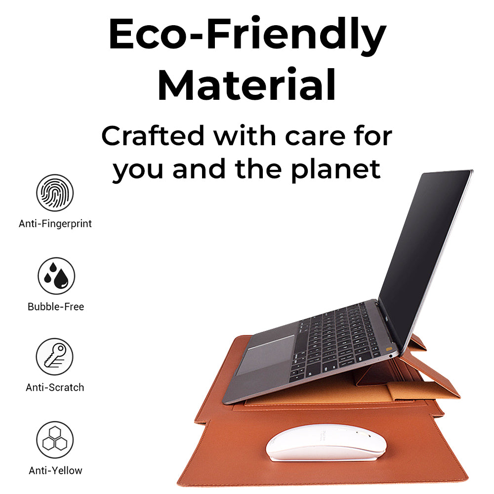 Glassology 3-in-1 Laptop Sleeve Case Brown Waterproof PU Leather with Foldable Stand & Wrist Rest
