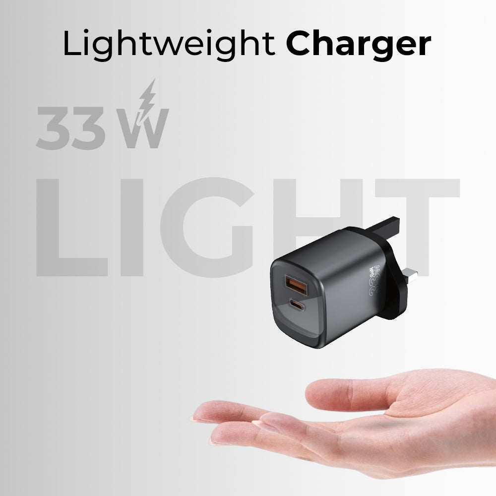 Lightweight charger with '33W LIGHT' text on a gray background