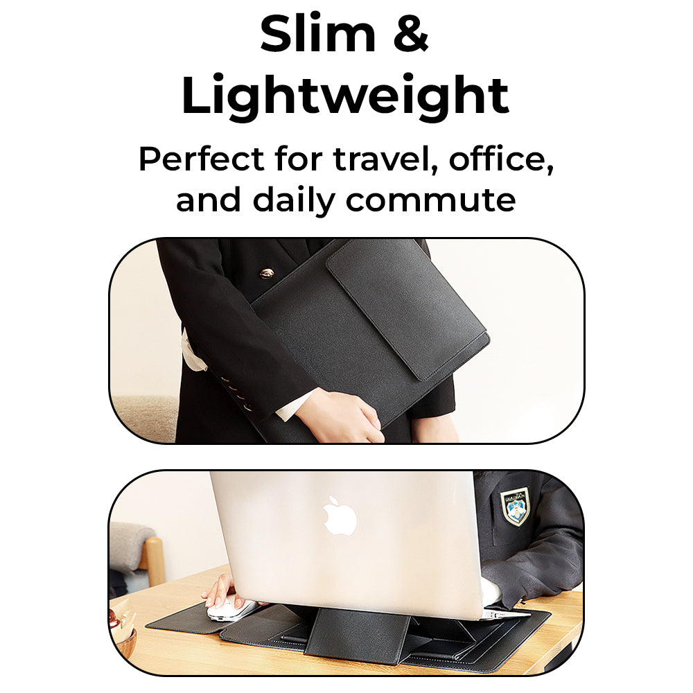 Glassology 3-in-1 Laptop Sleeve Case Black Waterproof PU Leather with Foldable Stand & Wrist Rest