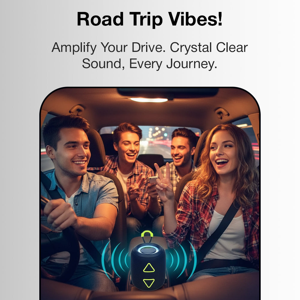 Advertisement for a car audio system with people in a car and text 'Road Trip Vibes! Amplify Your Drive. Crystal Clear Sound, Every Journey.
