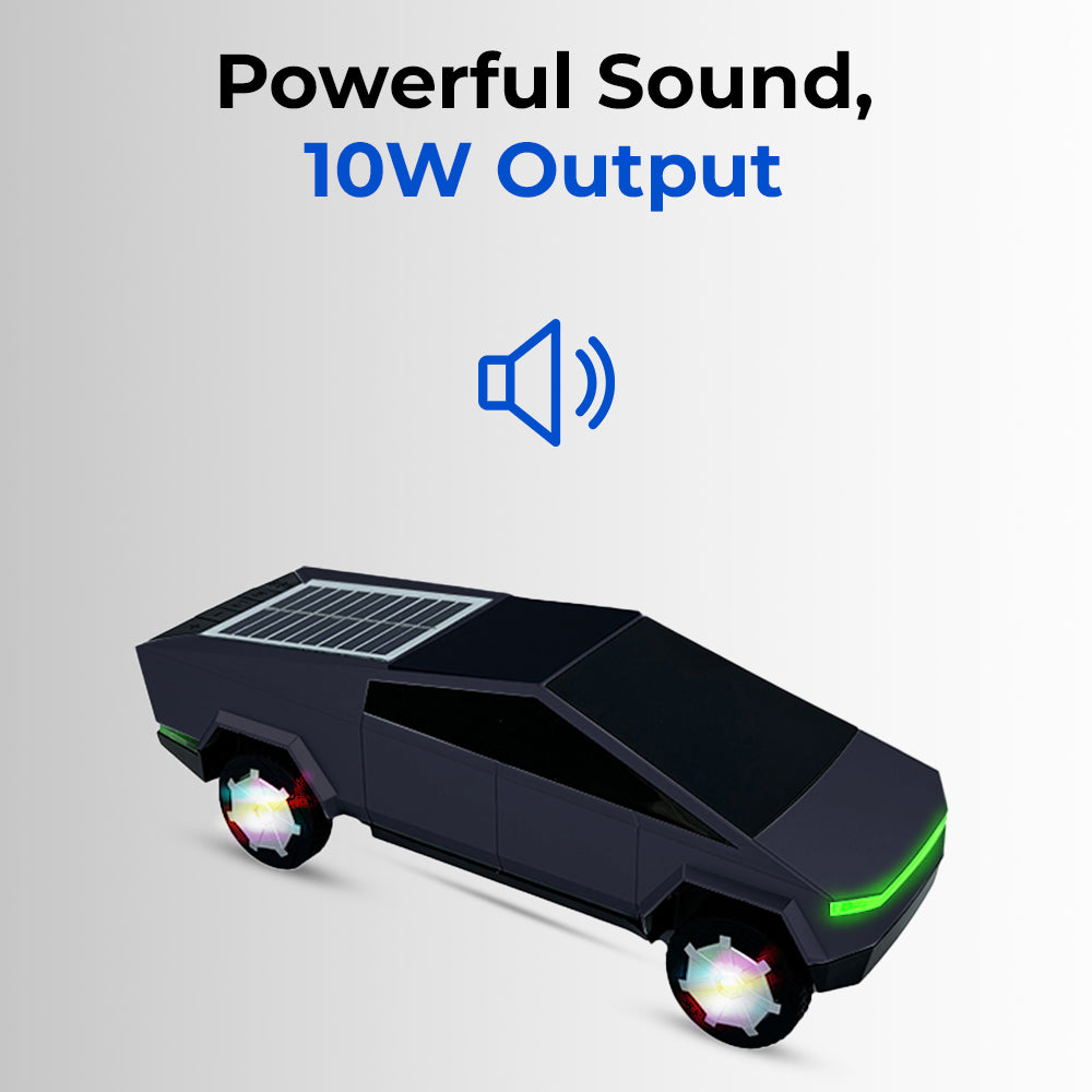 Black car-shaped speaker with solar panel and colorful wheels on a gray background, featuring text about sound output.