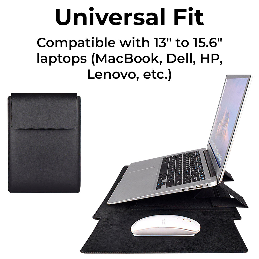 Glassology 3-in-1 Laptop Sleeve Case Black Waterproof PU Leather with Foldable Stand & Wrist Rest