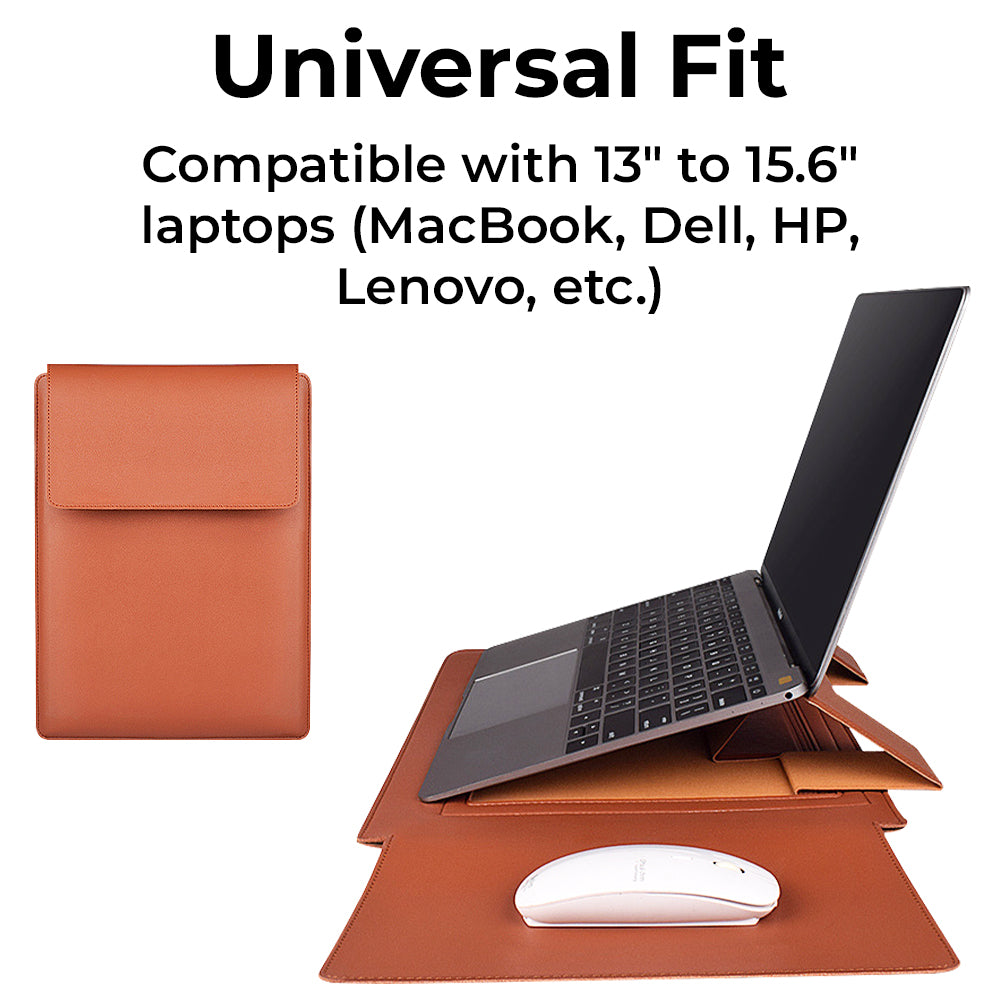 Glassology 3-in-1 Laptop Sleeve Case Brown Waterproof PU Leather with Foldable Stand & Wrist Rest