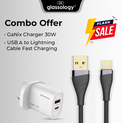 Glassology GaNix Charger 30W and USB A to Lightning cable on a gray background with 'Flash Sale' banner.