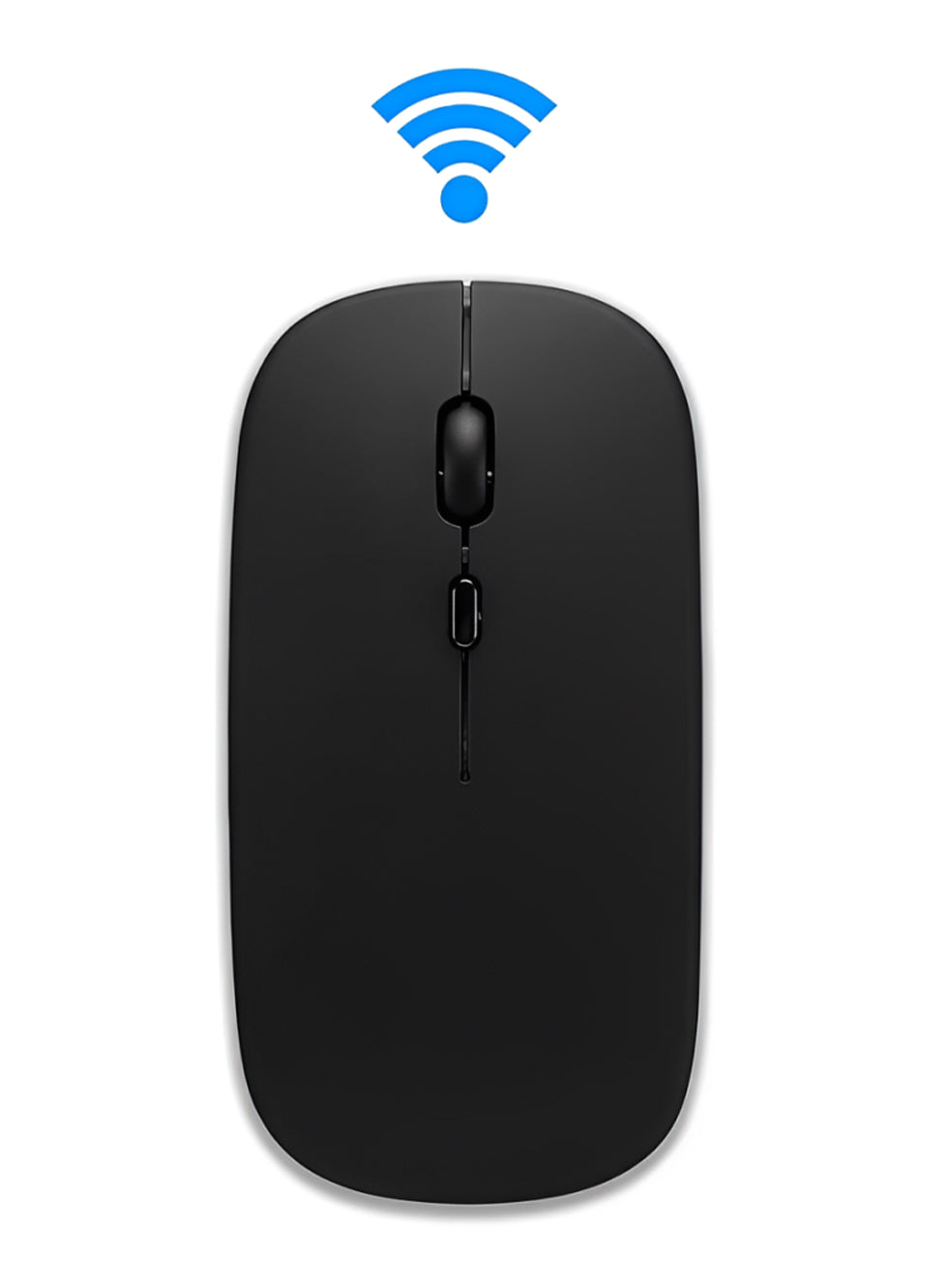 Black wireless mouse with a Wi-Fi symbol on a white background