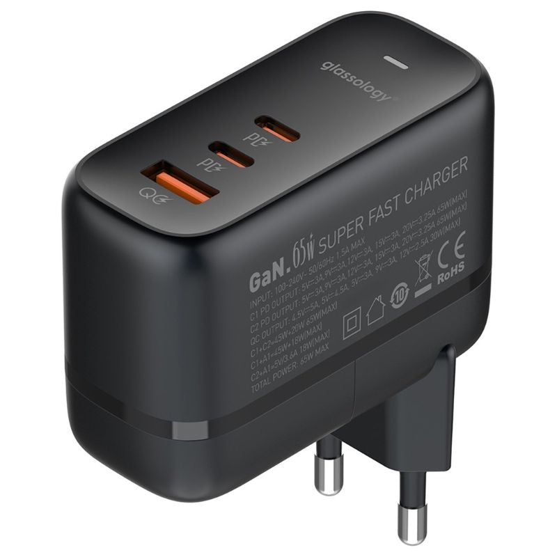 Glassology 3 Ports 65W GaN USB-C Super Fast Charging Travel Power Adapter