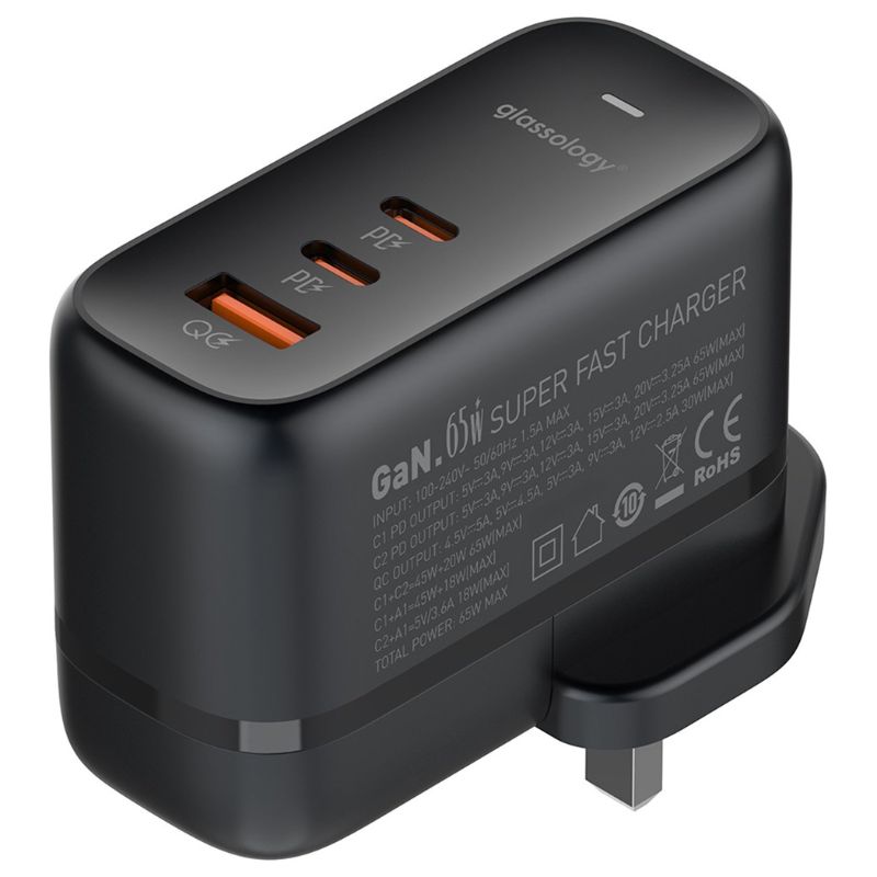 Glassology 3 Ports 65W GaN USB-C Super Fast Charging Travel Power Adapter