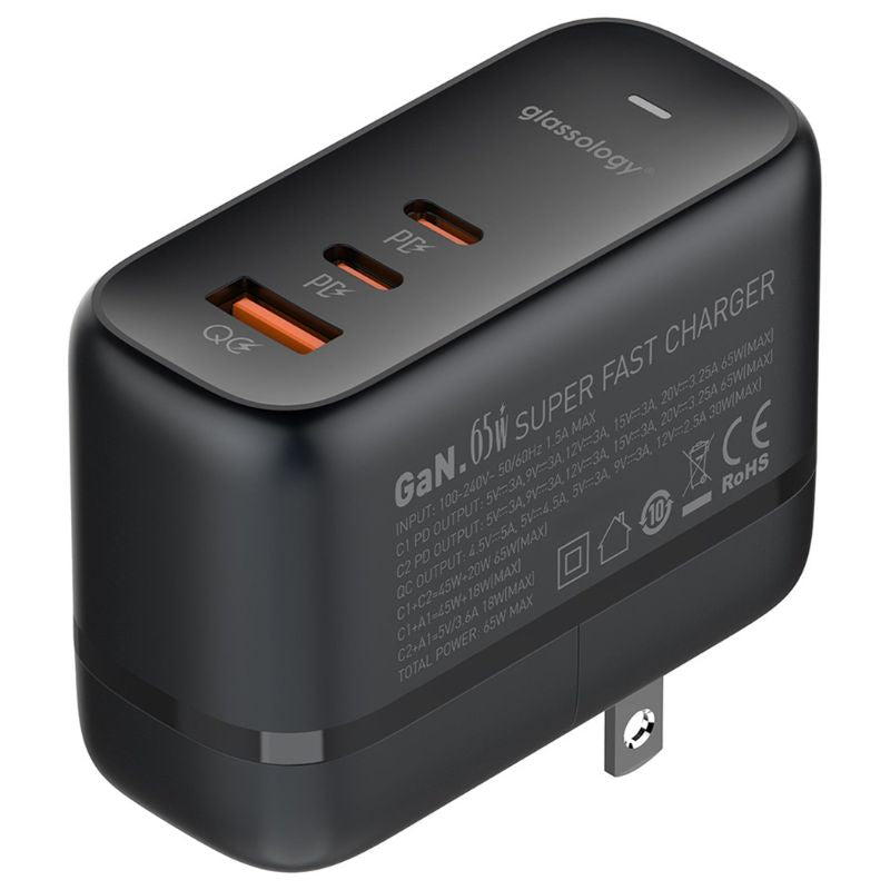 Glassology 3 Ports 65W GaN USB-C Super Fast Charging Travel Power Adapter