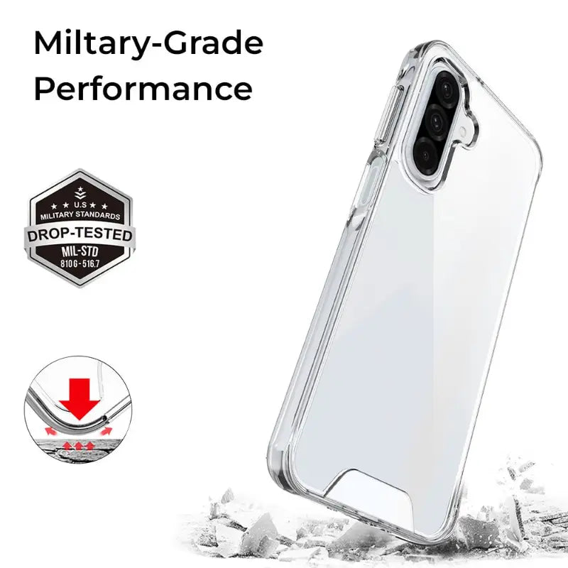 Phone case with military-grade performance features on a white background
