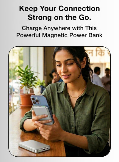 Woman using a smartphone with a magnetic power bank on a table, promotional text about a powerful magnetic power bank.