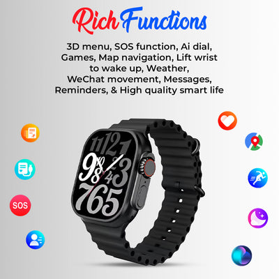 Smartwatch with black band on a light gray background, featuring text about its functions.