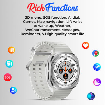 Smartwatch with features listed on a white background