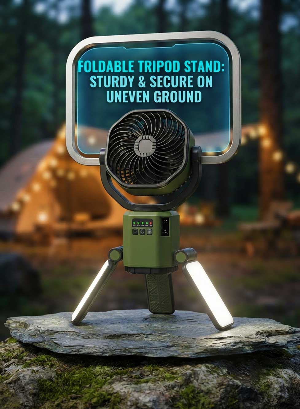 Glassology Solar Camping Multifunction Fan with Stand, Portable Outdoor Fan with Built-In Power Bank, USB Output, Multi-Angle Rotation & LED Lights for Camping, Hiking, Picnic, Garden & Outdoor Use