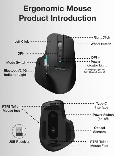 Glassology ErgoFlow Pro Ergonomic Wireless Mouse with Dual Scroll & 3 - in - 1 Bluetooth, USB - C & 2.4GHz Connectivity – Black - GLASSOLOGY