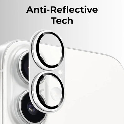 Anti-reflective film on a smartphone camera lens with text 'Anti-Reflective Tech'.