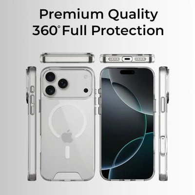Clear phone case with 360° full protection feature on a gray background