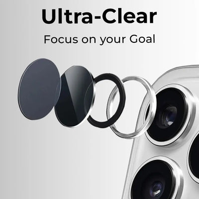 Smartphone camera lens with ultra-clear text and 'Focus on your Goal' slogan on a light gray background