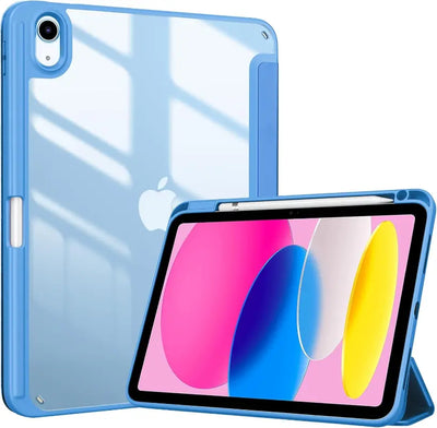 Blue tablet case with a clear back on a white background