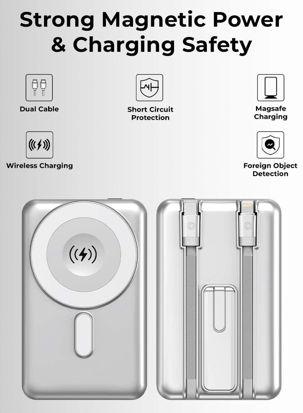 Wireless charging case with features listed on a white background