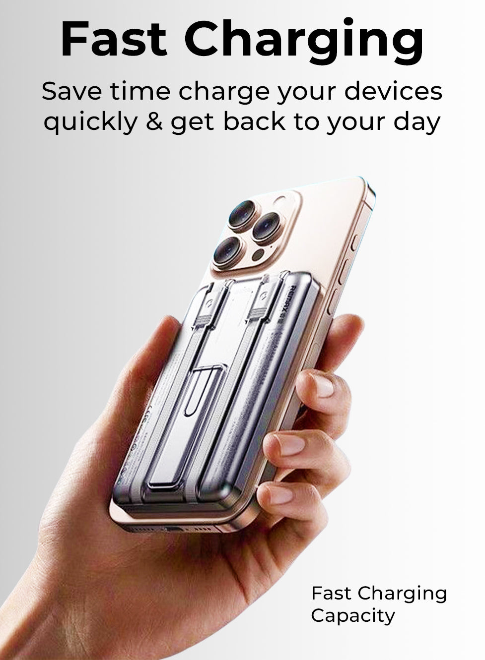 Hand holding a smartphone with a clear case, emphasizing fast charging capabilities.